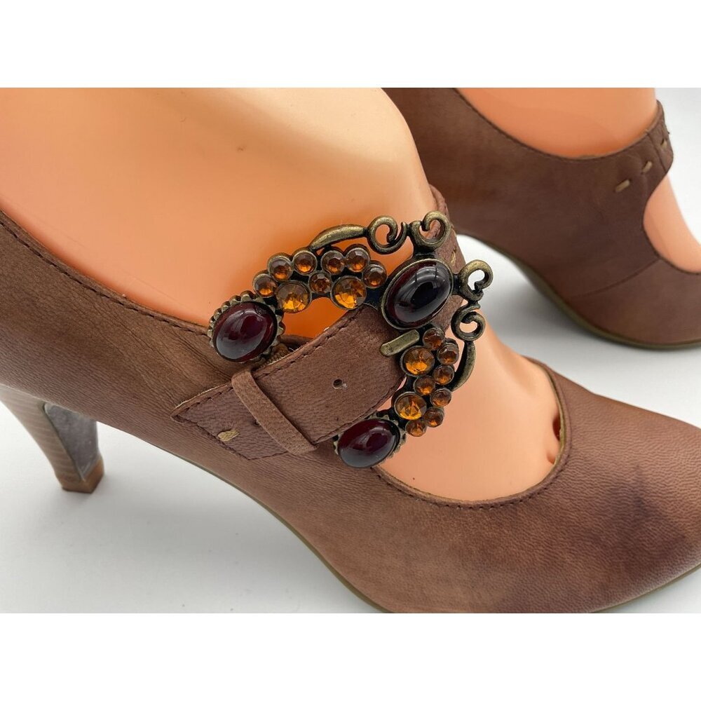Staccato Soft Brown Leather Pumps Decorative Gemstone Buckle & Woodtone Heel 7.5 - Picture 5 of 11